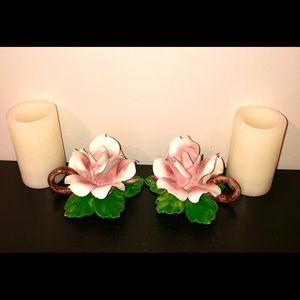 Capodimonte Vintage Pink Rose Candle Holders